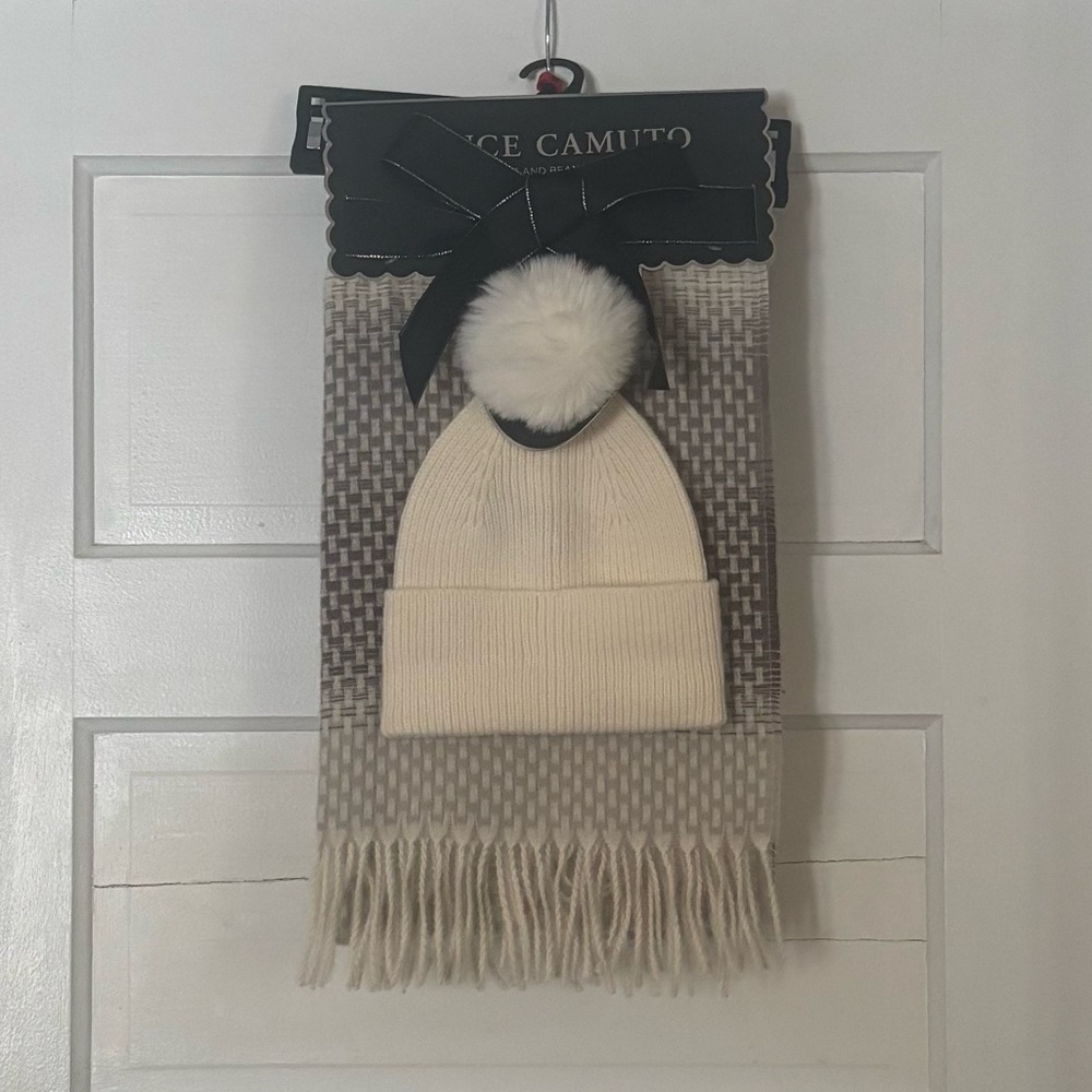 Vince Camuto Ivory Knit Beanie and Scarf Set
